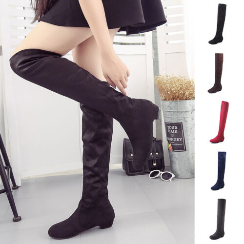 Women Winter Stretch Suede Thigh High Low Heels Over-The-Knee Long Boots Shoes  - Picture 1 of 16