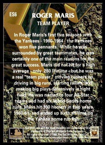 1994 Ted Williams #ES6 Roger Maris Roger Maris: Etched in Stone - Picture 2 of 2