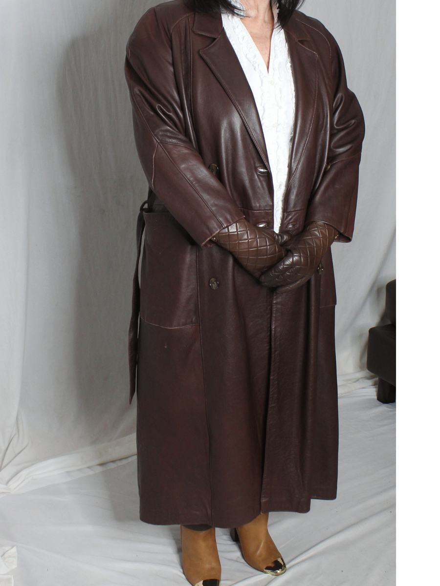 Womens Leather Trench Coat Brown 10/L/XL Long SOFT Lambskin