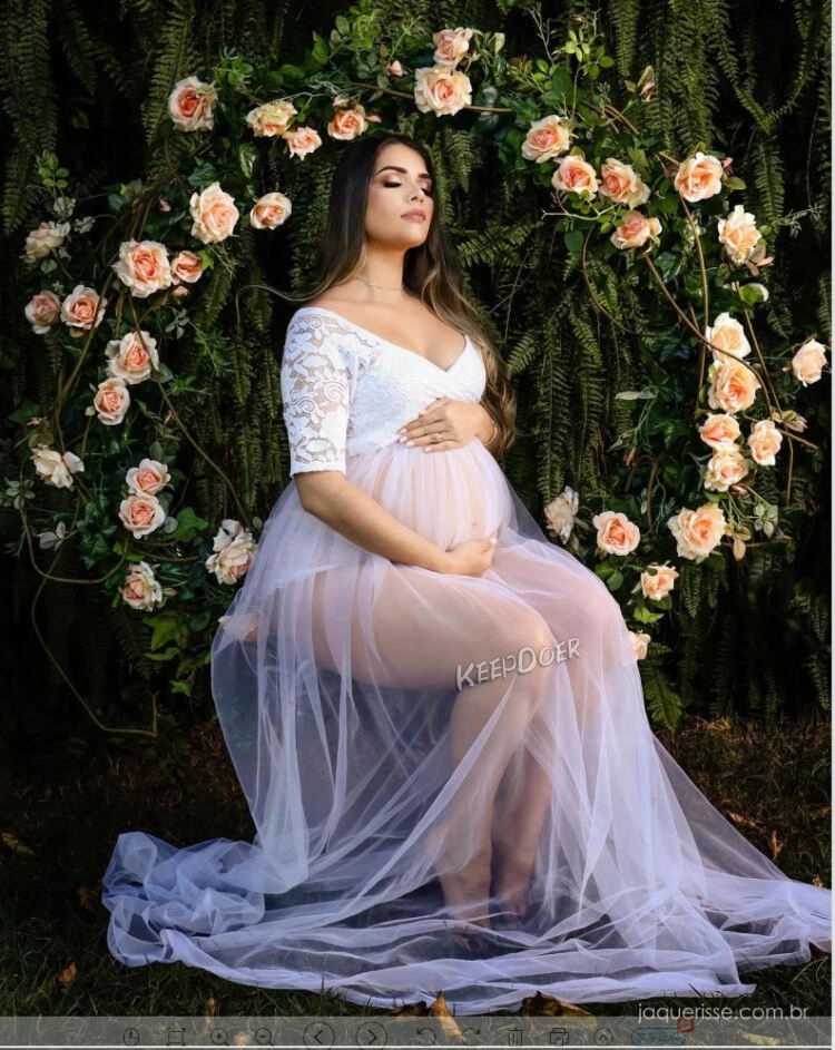 Pregnant Women Dress Maternity Short Sleeve Lace Sexy Gown Skirt For Photo Shoot - Image 3 of 4