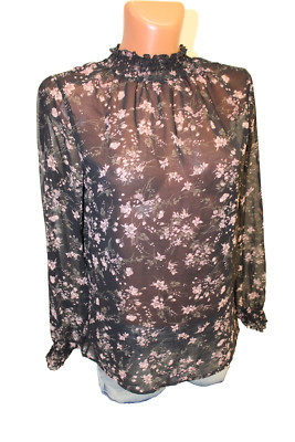 Bluse S 36/38 dünnes Blusenshirt langarm Shirt schwarz Chiffon Stehkragen Blumen