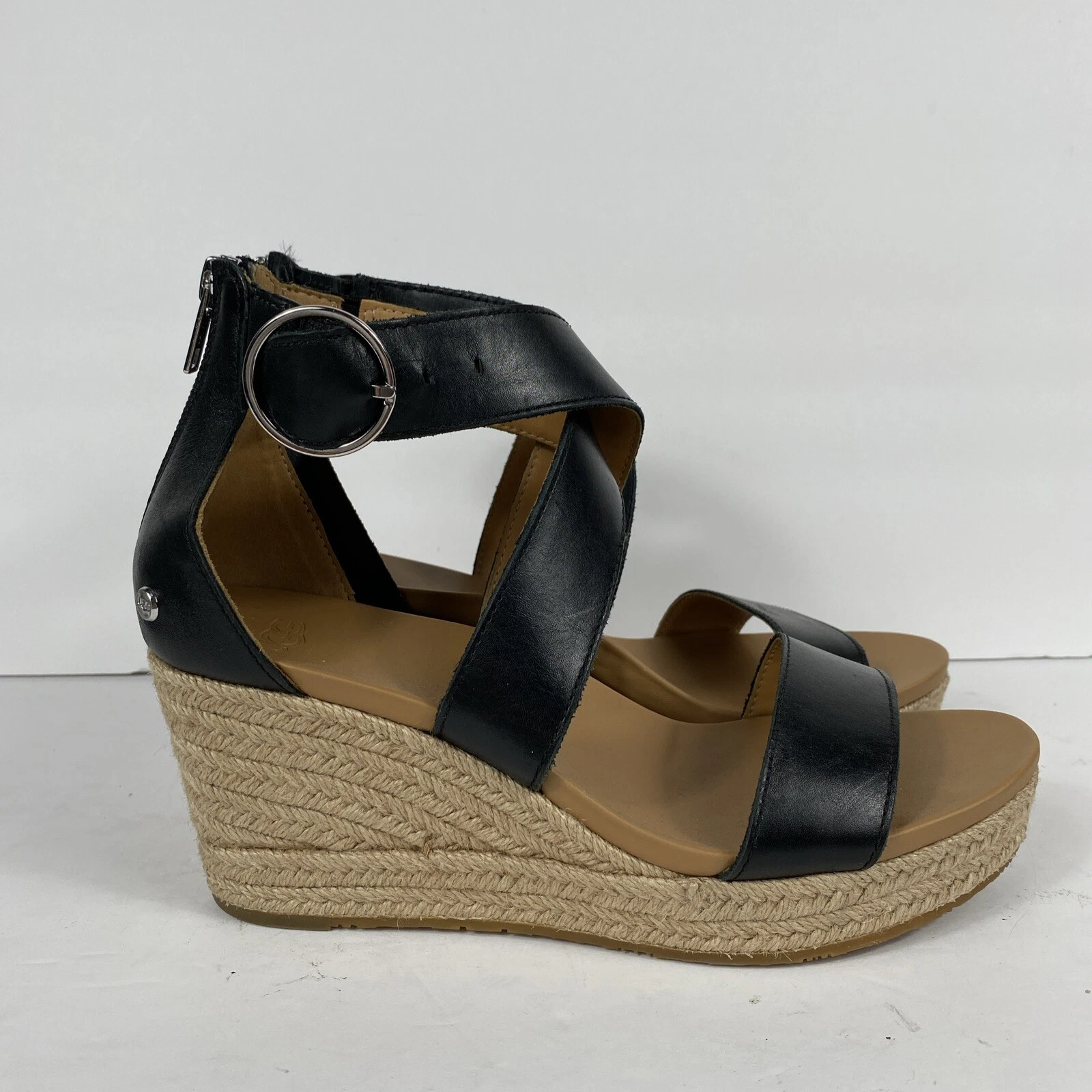 UGG Women’s Ankle Strap Espadrille Platform Wedge Sandals 8 Black Chic Parisian