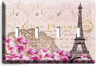 VINTAGE EIFFEL TOWER MAGNOLIA FLOWERS PARIS POST CARD 4 GANG LIGHT SWITCH PLATES