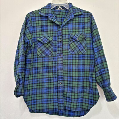 Vintage Womens Wool Button Up Size Large Blue Tartan Plaid Western Cabincore