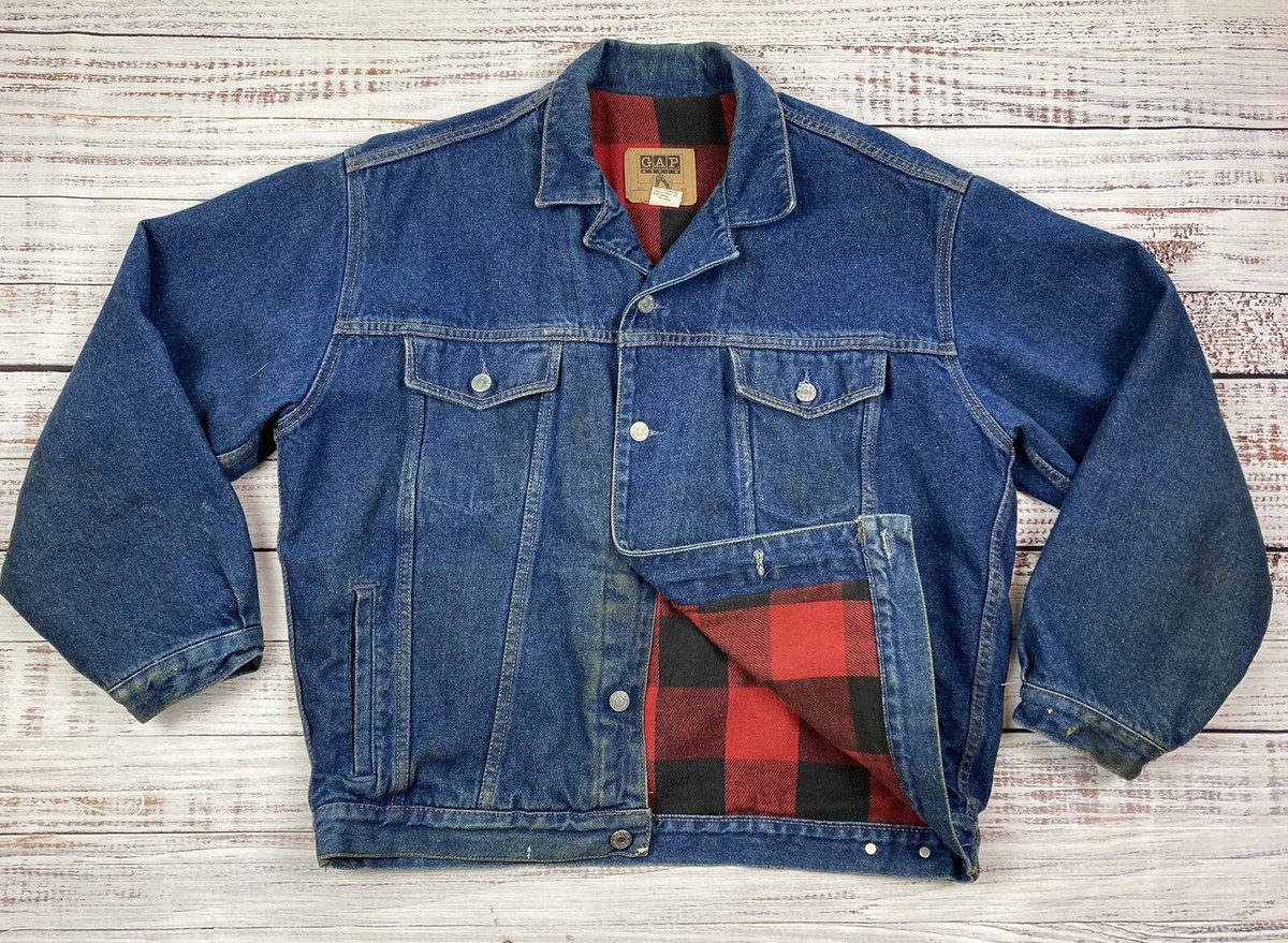 VTG 90s GAP Flannel Lined Denim Jacket Buffalo Plaid Trucker