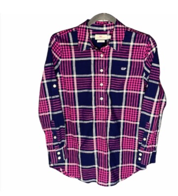 Vineyard Vines Relaxed Fit Pink/Blue Linen Blend Plaid Shirt Size 2