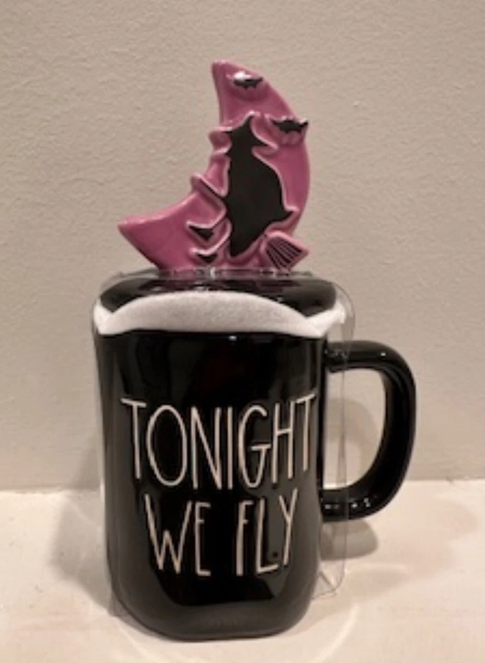 RAE DUNN NIB Halloween “TONIGHT WE FLY" 16oz Mug with Witch Topper Lid Black & Purple NEW