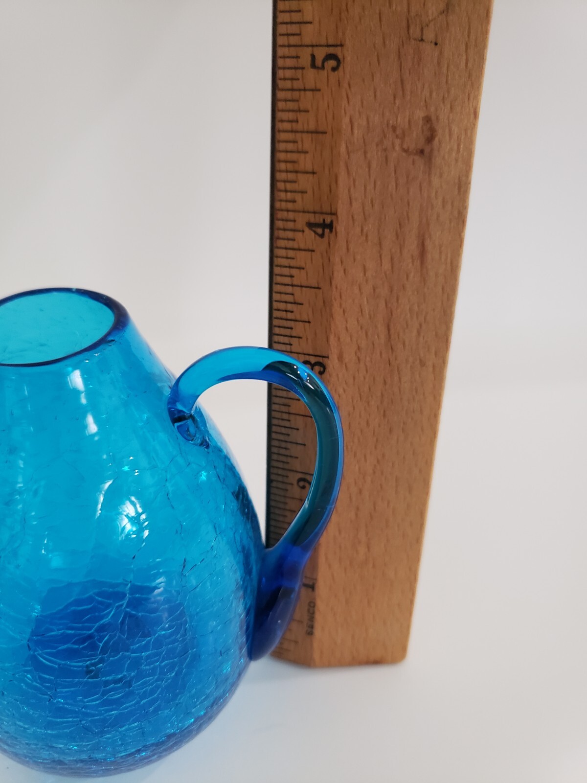 Vintage Blue Crackle Glass Mini Pitcher Bud Vase Applied Handle Approx 3.5”H