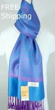 Women's Pashmina Scarf Wrap Shawl,Turquoise Purple Paisley,Silk.Cashmere,027