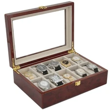 TECH SWISS Watch Box Burlwood  Wooden fits 10 Soft Cushions Glass Window