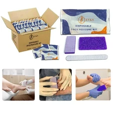 Disposable Pedicure Kit 3-in-1 (Pumice, Nail File, Mini Buffer) 10-400 counts