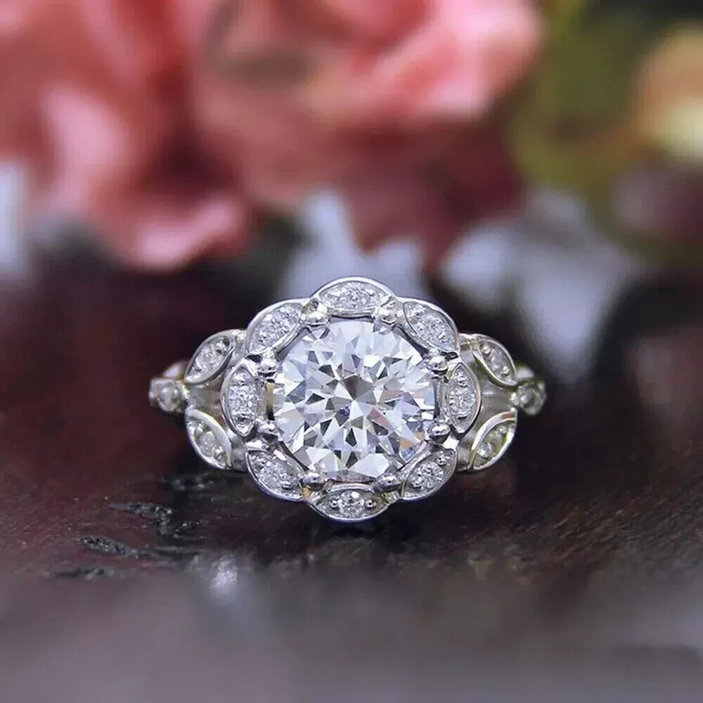 Vintage Art Deco Style 2Ct Lab Created Diamond Engagement Ring 14K White Gold FN