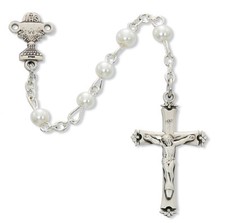 White Pearl Beads Boy Girl Rosary First Communion Gift Sterling Silver Crucifix
