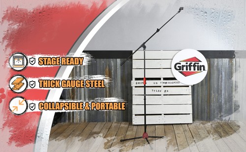 GRIFFIN Microphone Stand - Telescopic Mic Boom Mount Stage Studio Holder Clip - Afbeelding 10 van 15