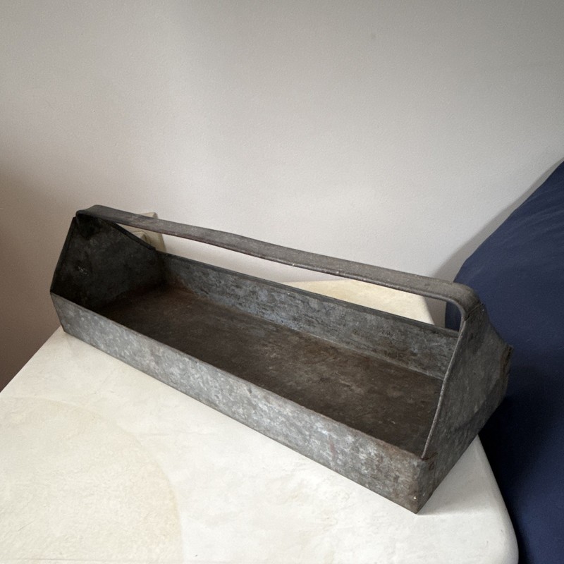 Vintage Gray Galvanized Metal Tool Box Tote 