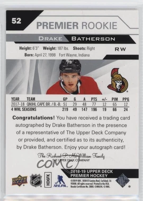 2018-19 Upper Deck Premier Silver Spectrum Drake Batherson #52 Rookie Auto RC - Image 2 of 2