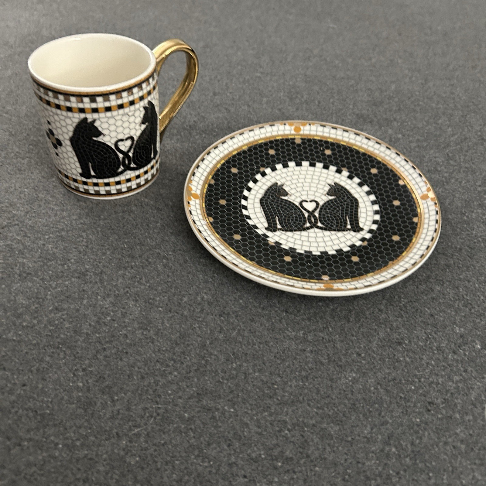Anthropologie Bistro Tile Black Cats Espresso Cup Saucer Set NEW Halloween 5 oz