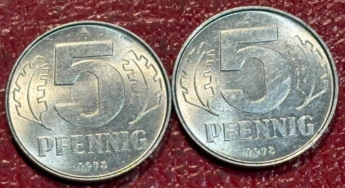 LOT OF 2 HIGH GRADE UNC 1975 A EAST GERMANY 5 PFENNIG-JAN441