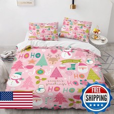QEODAH Pink Christmas Duvet Cover Queen Size Set - Teen Girls Christmas Bedding