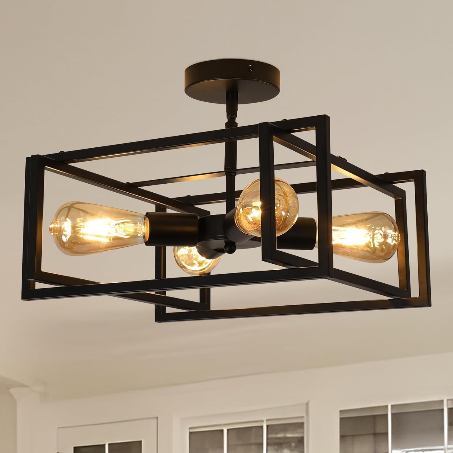 4-Light Black Farmhouse Semi-Flush Mount Ceiling Light Fixture