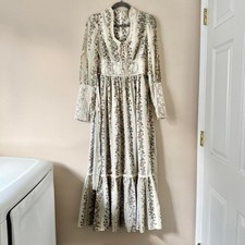 Vintage 70s Handmade Lace, Floral Polka Dot Maxi Dress XS prairie boho green