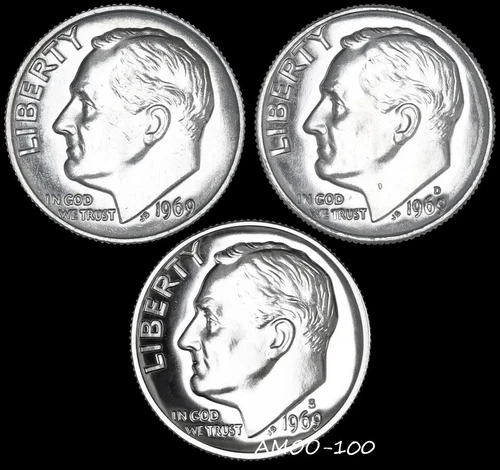 1969 P D S - Proof & Uncirculated Roosevelt Dimes 3 Coin set