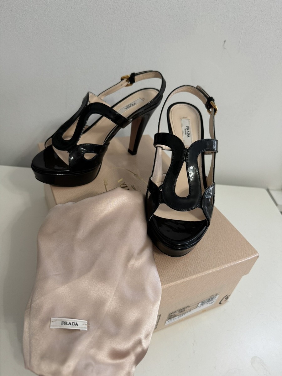 NIB Black Patent Leather Prada Platform Sandals In 35