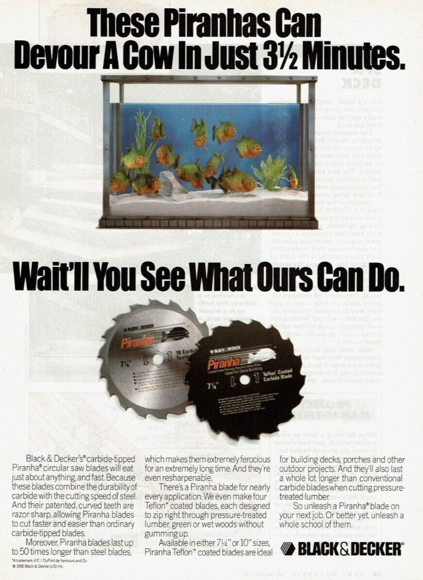 1990 Vintage Print Ad Black & Decker These Piranhas Can Devour a Cow Saw Blades