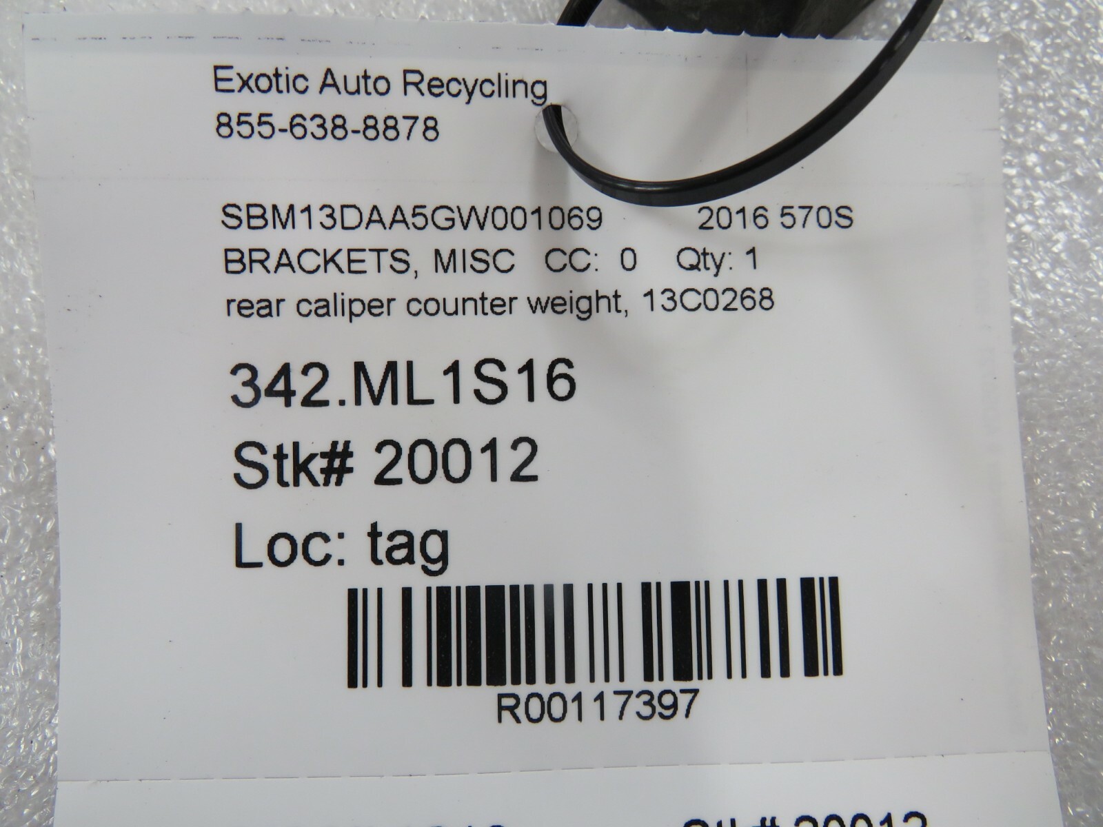 Mclaren 570S, Rear Brake Caliper Counterweight, Used, P/N 13C0268