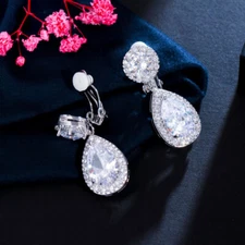White Round CZ Drop Clip On Earrings Without No Piercing Ear Jewelry for Brides