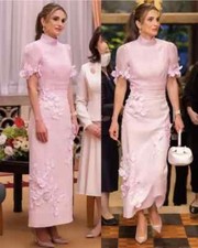 High Neck Puff Sleeve 3D Floral Satin Midi Formal Mother Bride Dress Custom