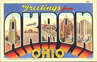 Postcard OH Multiple Scenes Large Letter Greetings from Akron Ohio c1937 A12