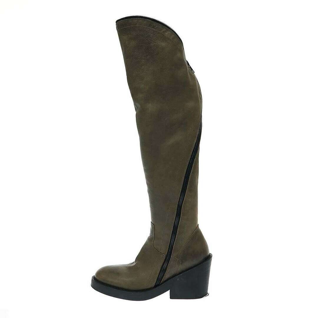 ANN DEMEULEMEESTER Spiral Zip Leather Knee High Boots Brown