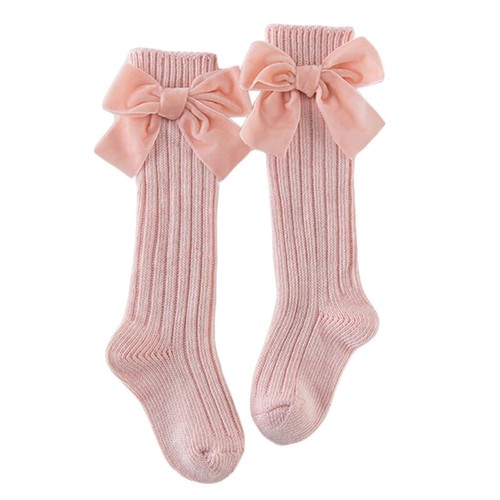 Kids Girls Chunky Ribbed Knit Knee High Socks Solid Cute Velvet Bow Stockings - Picture 3 of 13