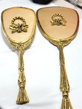 Vintage Gold Tone Vanity Hand Mirror and Brush Set