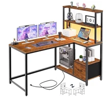 L Shaped Gaming Desk, 46 Inch Reversible Computer Desk with LED Light & Power...
