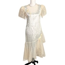 VTG 80s JCPenney Ivory Lace Over Blue Satin Romantic Prairie Midi Dress Med USA