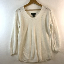 Womens Linen Blend Open Knit Top Medium Coastal Quiet Luxury Minimalist