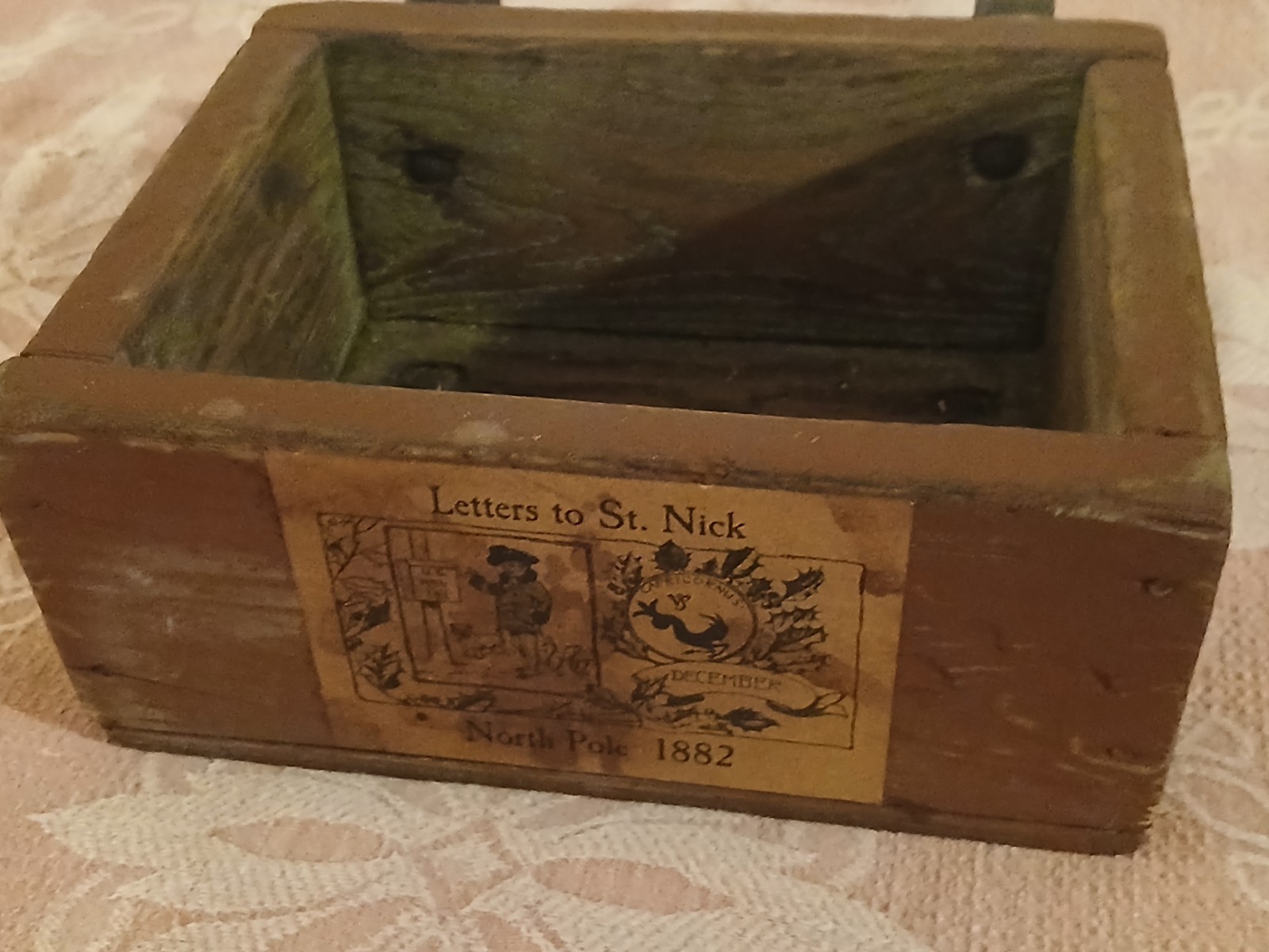 Prim Letters To St Nick Wood Box W/Faux Letters, Santa's Glasses Christmas 1800s