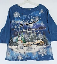 Fashion Bug Brand Women's Shirt XL 3/4 Sleeve 100% Cotton Blue w/Rhinestones