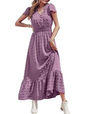 Womens Purple Long Boho Swiss Dot Maxi Summer Fashion Dress Medium Size
