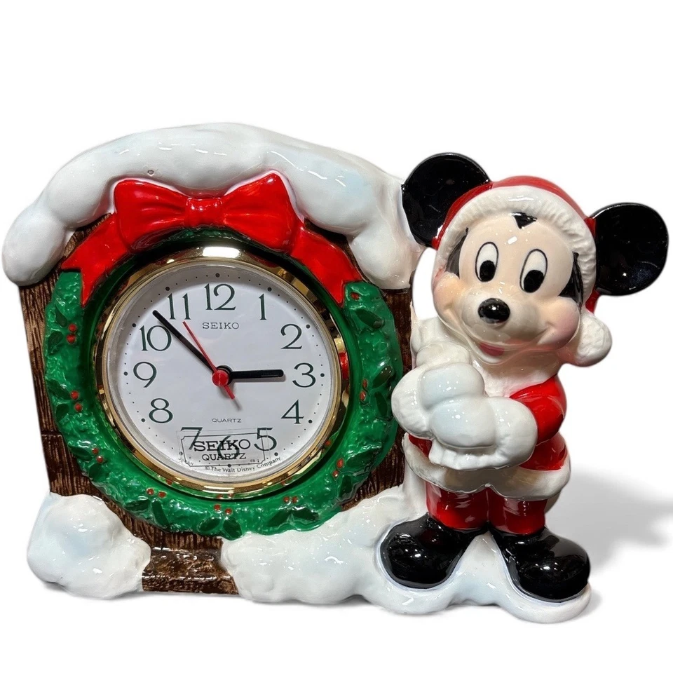 Vintage Ceramic Mickey Mouse Santa Clock Seiko Quartz Disney Christmas Decor - Image 4 of 4