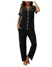 Women Pajamas Set 2 Piece Button Up Pajamas Pant and Short Sleeve Large Black