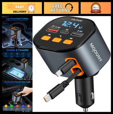 5-in-1 Fast Retractable Car Charger, 90W Bluetooth FM Transmitter, Handsfree Cal