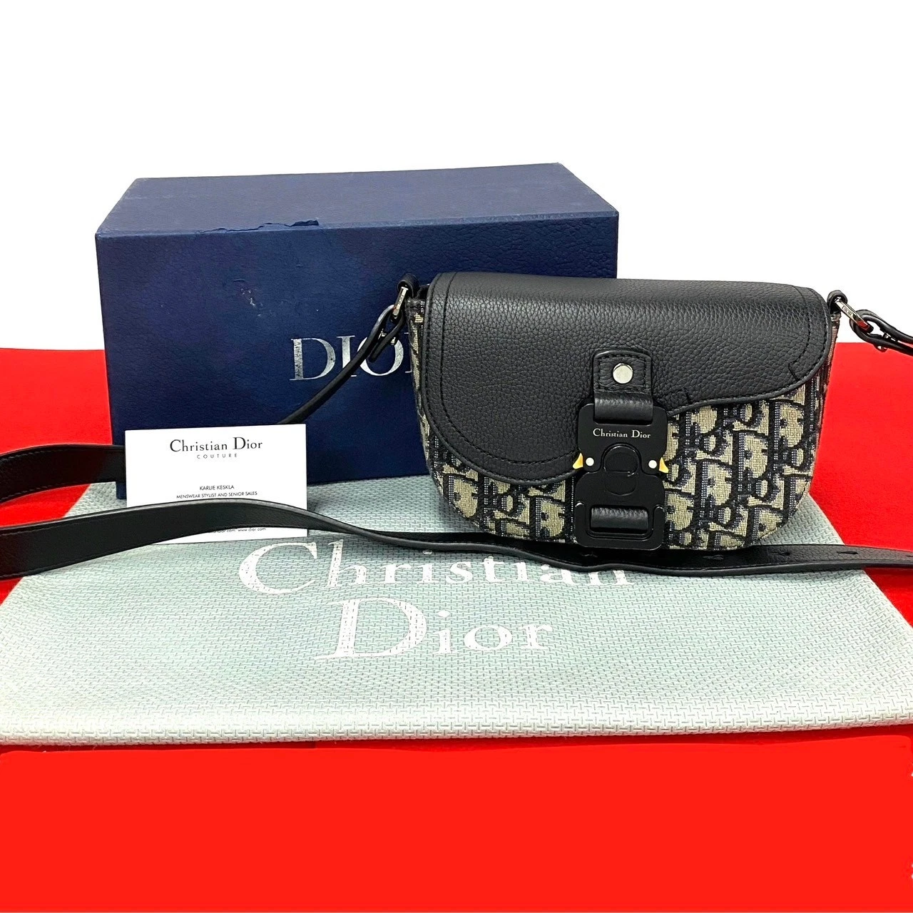 Christian Dior Pochette Selle Cuir Oblique Toile Sac Bandoulière Pochette Noir