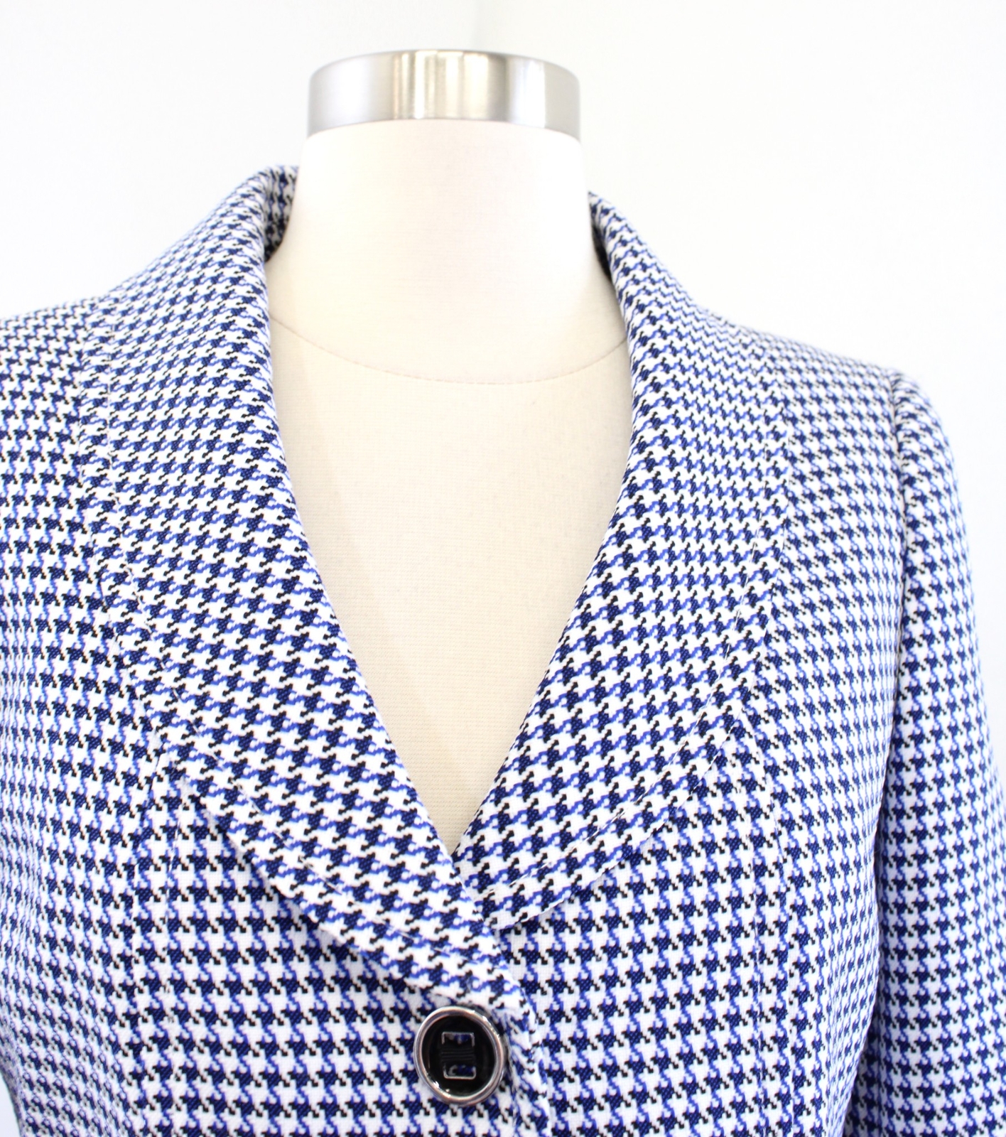 Tahari ASL Levine Black Blue White Houndstooth Cuffed Sleeve Blazer