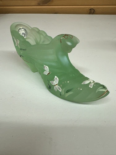 Fenton Shoe Slipper - Willow Green Satin Slipper Artist Signed 95th Anniversary