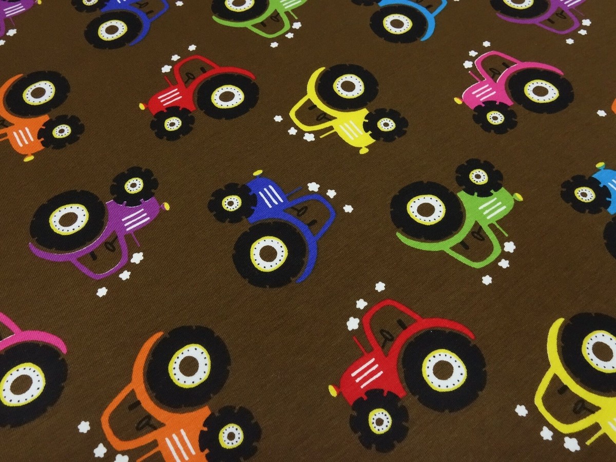 Stoff Baumwolle Jersey Trecker Traktor braun rot blau grün bunt
