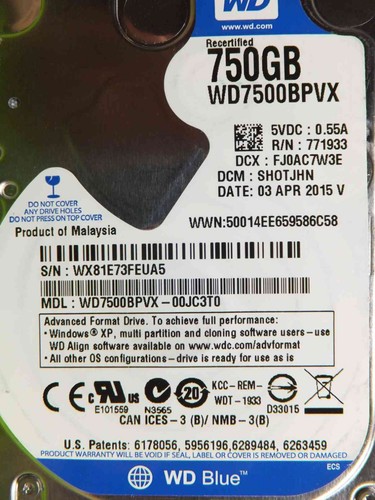 Western Digital 750GB WD7500BPVX-00JC3T0 DCM:SHOTJHN | 03 APR 2015