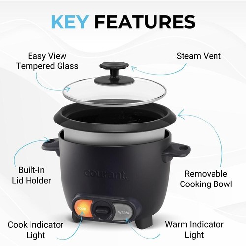 COURANT 6 Cups Cooked 3 Cups Uncooked Rice Cooker - Black - Picture 3 of 6